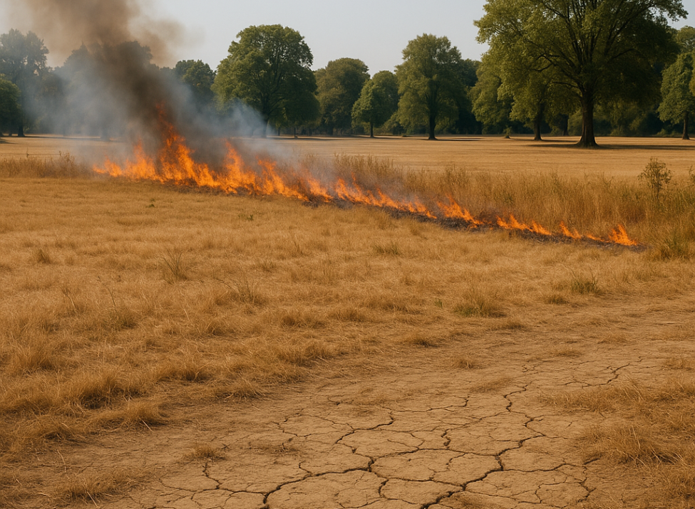Zu sehen ist ein Symbolbild mit einem Feuer in einem parkähnlichen Gelände. KI generiert.